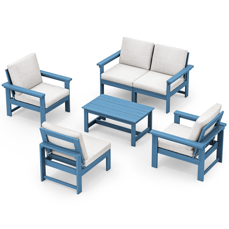 Reata HDPE 4 Piece Sofa Seating Group with Cushions, White, Blue