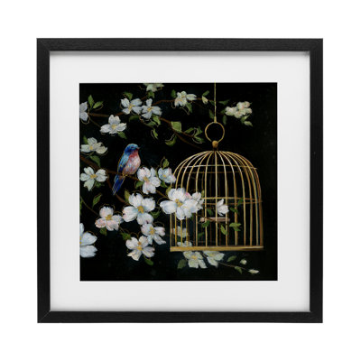 Evening Song Birdcage over Black Framed Print Under Glass, design by Nan