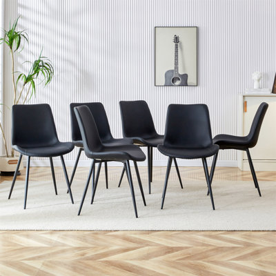 Black artificial leather backrest cushion dining chair metal legs, curved widened cushion design for more comfort, suitable for restaurants, kitchens, bedrooms, offices.(6 chairs)