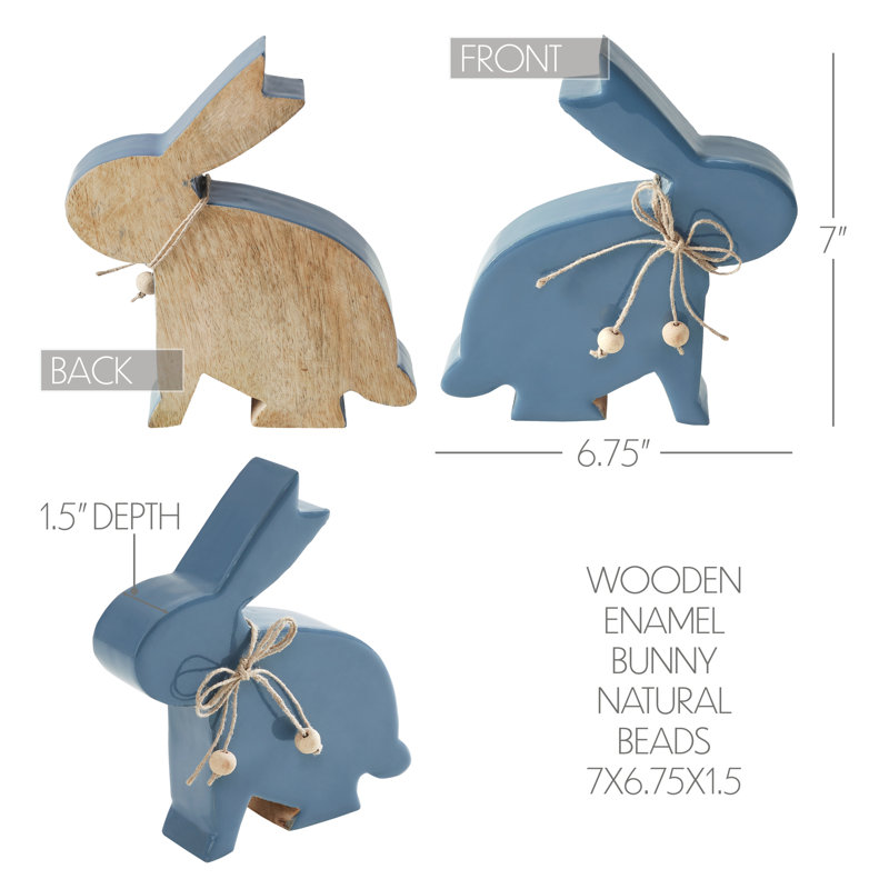 Bunny Hop Wooden Enamel Bunny w/ Natural Beads, 7" H x 6.75" W x 1.5" D