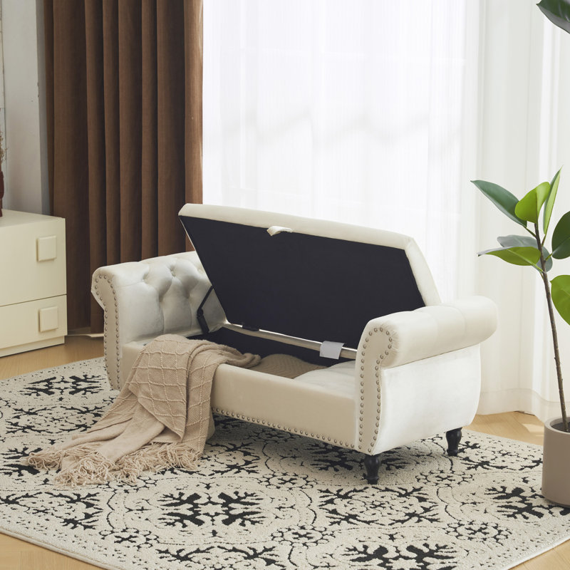 Banc repose-pieds rectangulaire en velours avec rangement et 1 coussin, Blanc