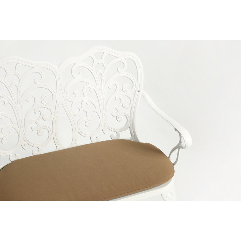 Banc blanc rembourré en métal et aluminium coulé avec rose floral, convient pour l'extérieur de patio, de pelouse et de jardin captivant