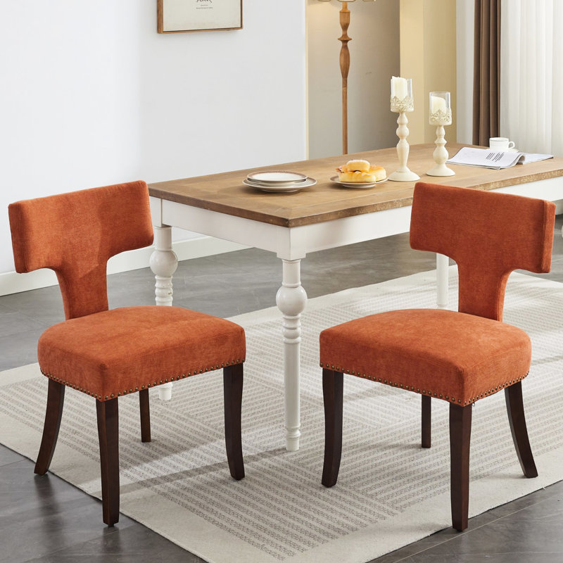 Mid Century Modern 2 Dining , Orange Linen Upholstered Chairs With Curved And Copper Nails, Hardwood Build For Stability, Foam Cushion A Relaxing Seat Of 2 Chairs, Orange. Fabric Chair Decorated