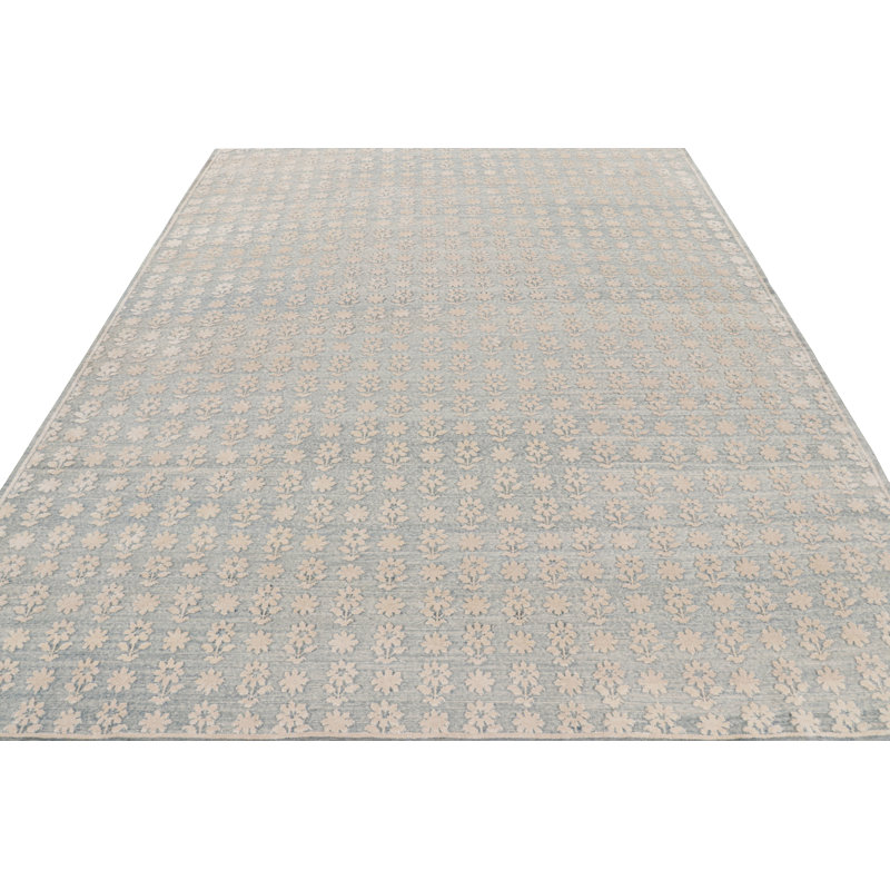 Rug & Kilim’S Modern Block Print Rug In Blue With White Floral Patterns, Runner 3' x 8'