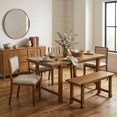 6-Piece Farmhouse Dining Set, Solid Wood Table with Ergonomic Dual-Style Chairs, Walnut and Beige Finish, for Kitchen and Dining Room