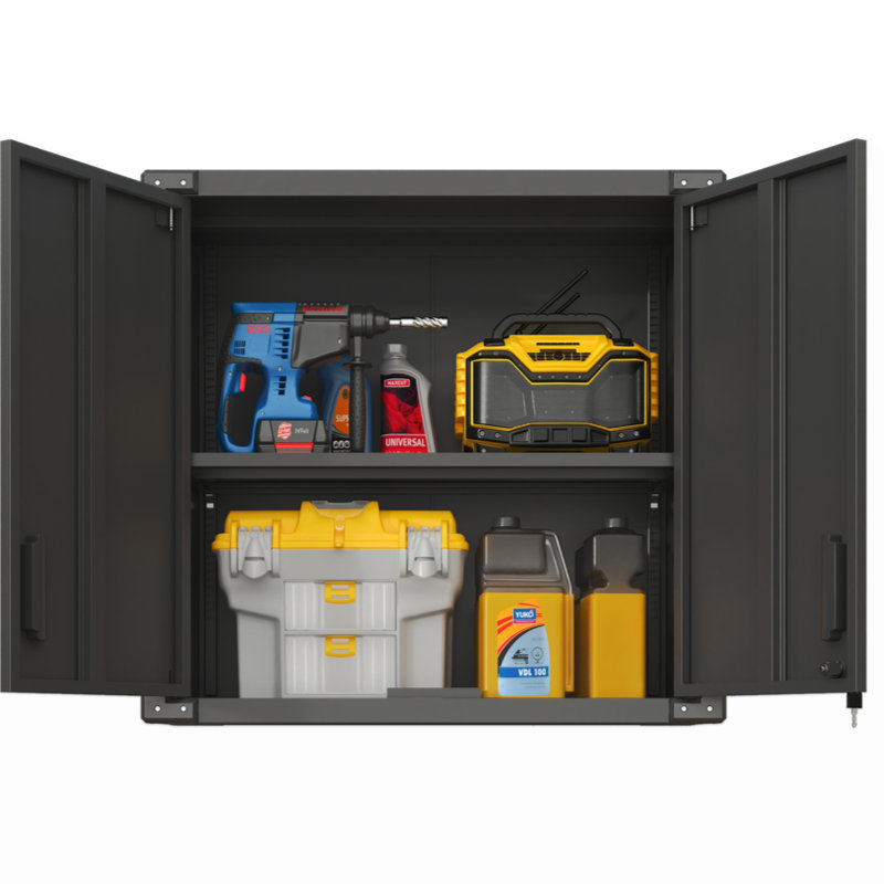 Armoire de rangement murale en métal avec 2 portes verrouillables, 1 tablette réglable et 1 tiroir ouvert