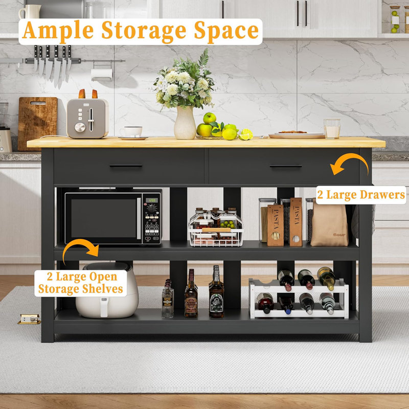 47.3" Solid Rubberwood Kitchen Island with Power Outlets - Extra Large Work Surface, 2 Drawers & Open Shelves Storage Cabinet for Kitchen Dining Room, Farmhouse Style