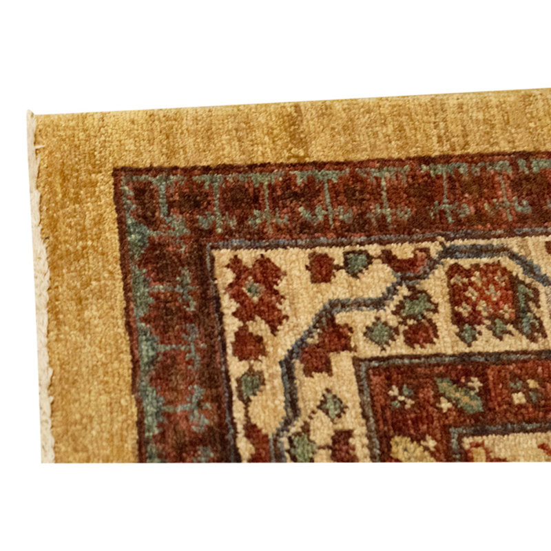 Tapis doré / crème en laine noué à la main de conception unique 2 pi 11 po x 5 pi 8 po