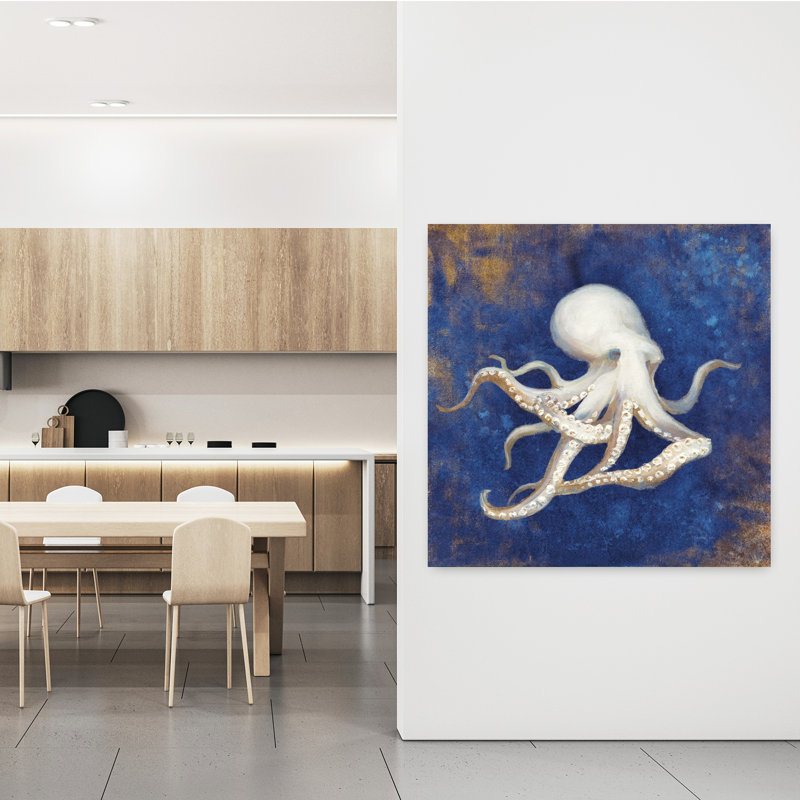 Trésors de la mer, art indigo contemporain, pieuvre, H 48 po x l 48 po
