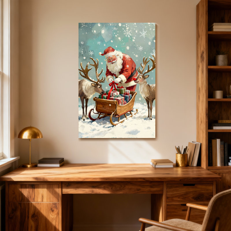 Père Noël avec renne et traîneau dans la neige, H 18 po x l 12 po