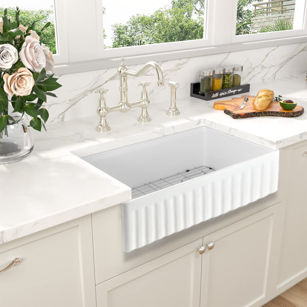 Nantucket Sinks FCFS36-DB 36 inch Italian Farmhouse Fireclay Sink with Built-in Drainboard