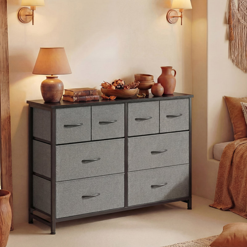 8-Drawer Fabric Dresser, 30"H Storage Chest with Wood Top, Gray