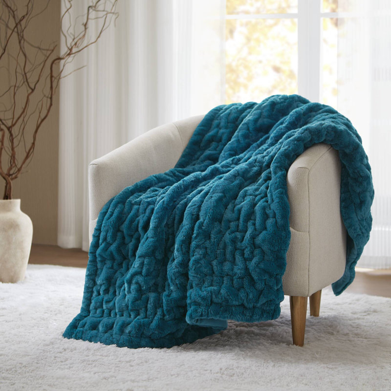 Plaid réversible en fausse fourrure froncée unie bleu sarcelle 50 x 60 po, Bleu sarcelle