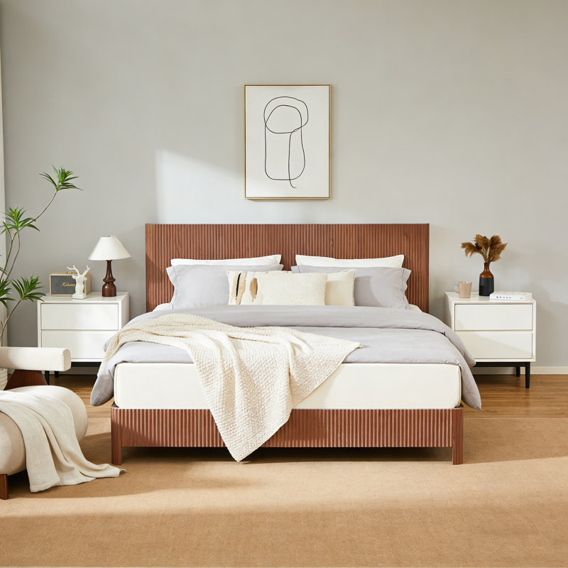 Structure de lit très grand en bois avec lignes courbes ondulées, sans sommier tapissier (noyer), Walnut