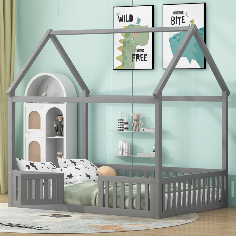 Lit en bois avec clôture et porte, Double, Gris