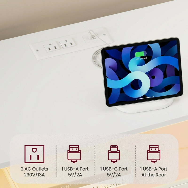 Table de chevet de 24 po de largeur avec station de charge, lumières DEL, 2 ports USB pour prises de courant alternatif