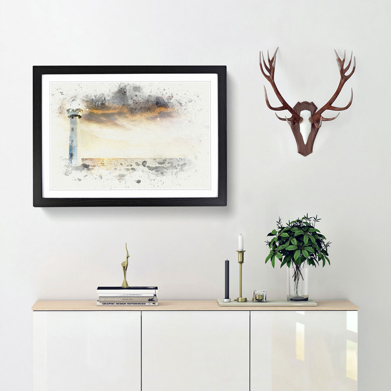 Lighthouse & Seascape Evening Glow in Abstract - Picture Frame Graphic Art Print, 36cm H x 48cm W x 2cm D, Black Framed