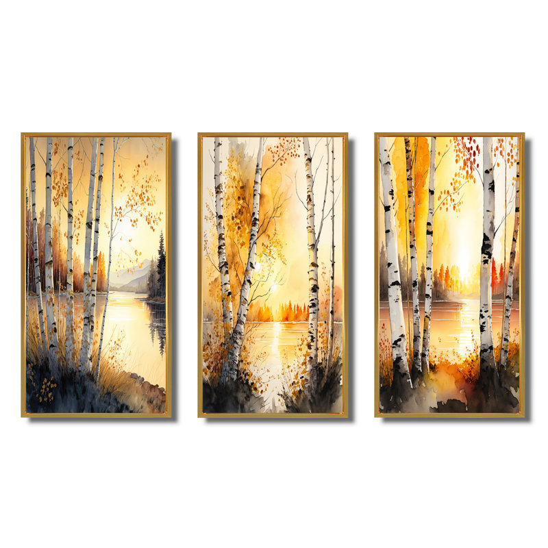 «Yellow Birches By The Lakeside», 3 pièces, Cadre flottant doré, H 32 po x l 48 po