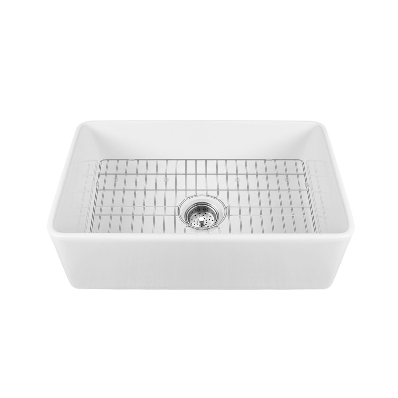 Perch 24" L x 18" W Fireclay Single Bowl Farmhouse Kitchen Sink with Sink Grid and Basket Strainer, White