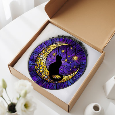 12"H Moon Cat Stained Glass Window Panel