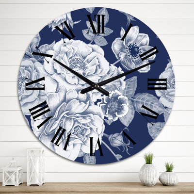 White Vintage Flowers on Classic Blue I - Patterned Wall Clock