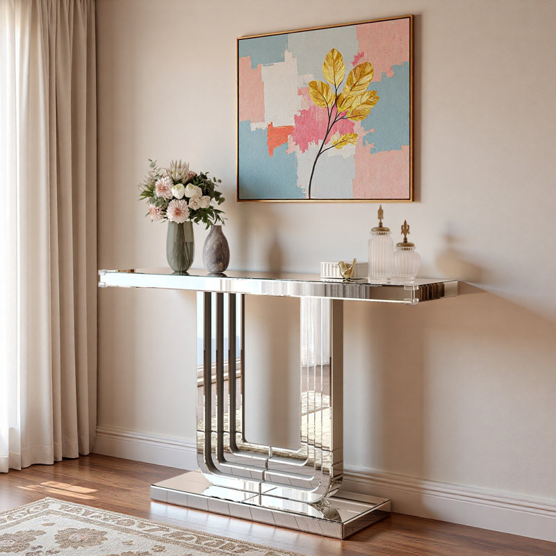 Console à miroir argentée avec base en U et lignes épissées à la main