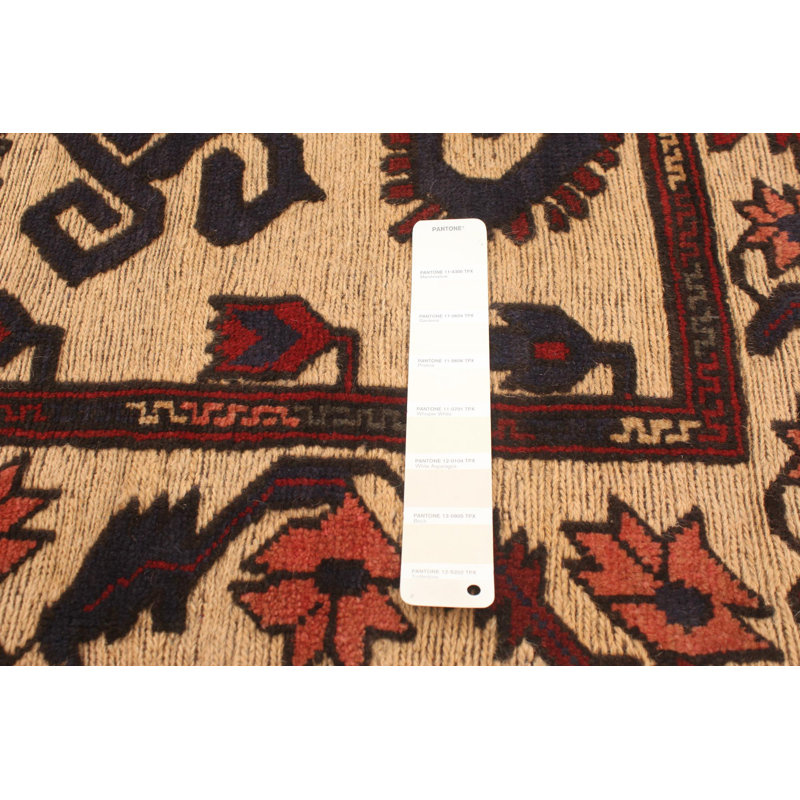 Tapis décoratif en laine de conception unique 4 pi 1 po x 6 pi Chastelyn noué à la main New Age en laine beige/rouge/bleu marine