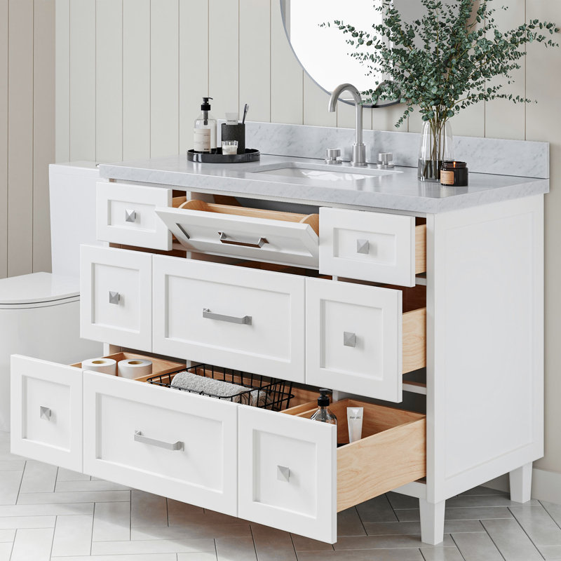 ARIEL Monroe Single Sink Bathroom Vanity with Italian Carrara Marble Top, White, 49", Carrara White Marble