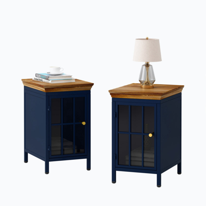 Table de chevet avec armoire de rangement et plateau en bois massif, table de chevet, table basse d'appoint (ensemble de deux pièces)