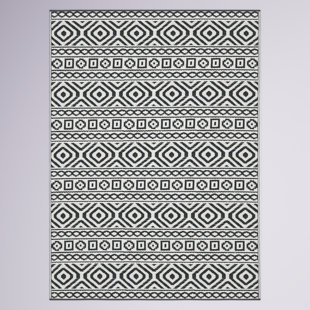 Reversible RV Patio Mat with Aztec Border Design, 8' x 11', Black/Gray