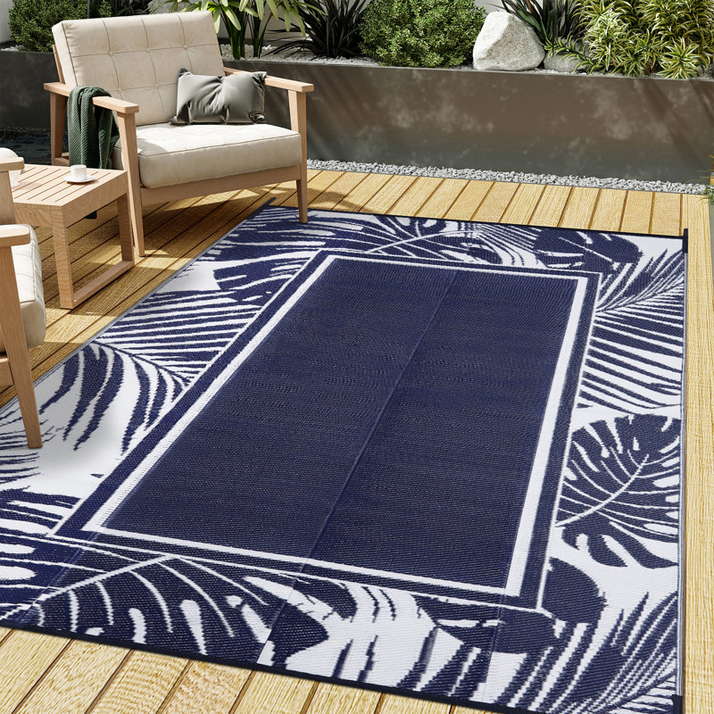 Geometric Border Reversible Outdoor Ellie In Navy Blue, Rectangle 5' x 8'