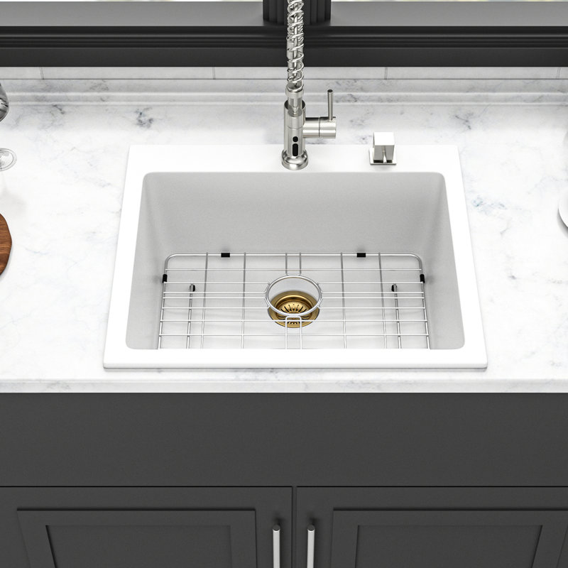 Évier de cuisine blanc en quartz 25 po x 22 po, à quartz lisse et dur, élimine l'accumulation de saleté, comprend le bruit de vibration de l'assemblage des crépines, surface non poreuse, est livré avec plusieurs accessoires pour