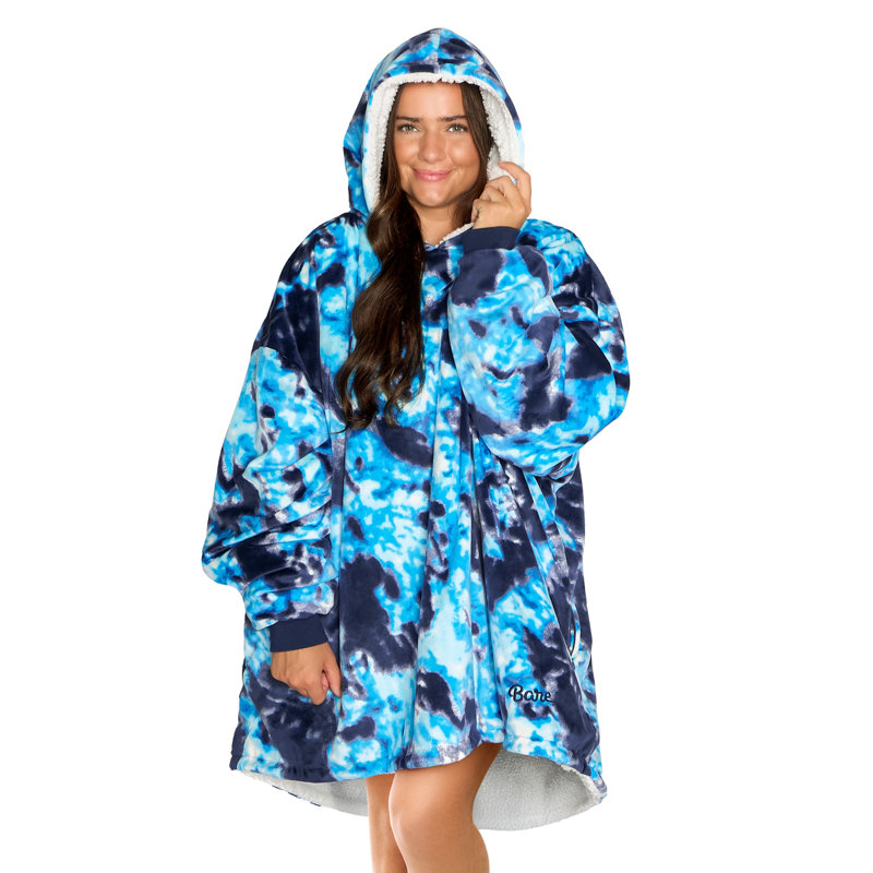 Couverture en sherpa à capuche portable, Teinture par nœuds - bleu foncé, Adulte