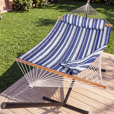 2 Person Quilted Polyester Spreader Bar Hammock with Stand, Pad + Rope Double-layer Design with Removable Pillow, 500 lbs Capacity, for Outdoor Indoor - Blue Stripes