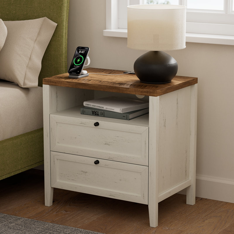 Farmhouse Nightstand With 2 Drawers And Charging Station, Individual, Rustic White/Honey Brown