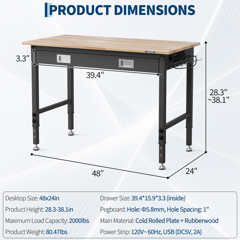 48in Workbench with Drawer, Adjustable Height, 2000lb Capacity, Pegboard | 6-Level Height Adjustment, ETL Power Outlets