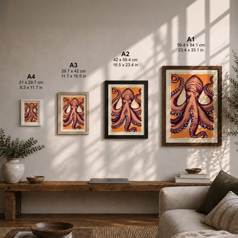 Octopus in Symmetry Boho - Framed Print, A2 - 59.4 x 42.0 cm, Oak