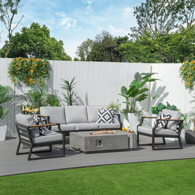 Flinda Metal 5 - Person Outdoor Seating Group With Fire Pit And Cushions