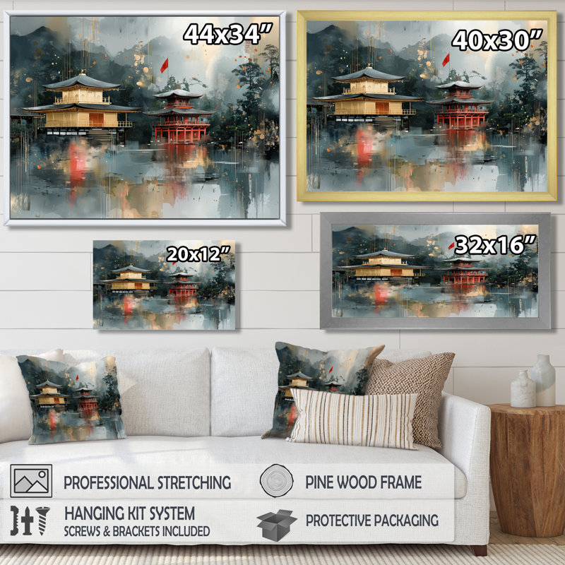 Modern Japan Kyoto Temples II - Japan Large Wall Art, Floater Framed Print, 16" H x 32" W, White