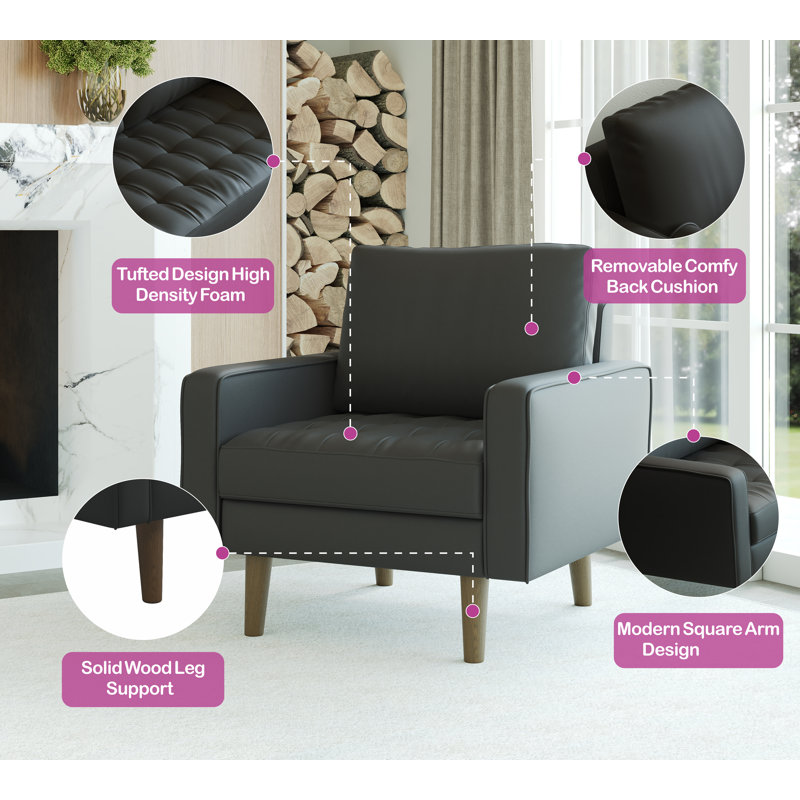 Statura 32" Mid-Century Square Arm Accent Chair, Sofa Chair, Black, Black