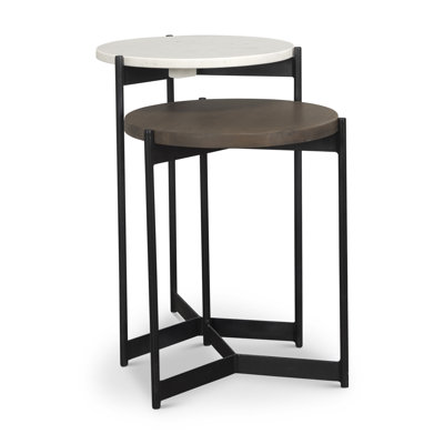 Ensemble de deux tables gigognes rondes en bois massif et métal marbré brun foncé et noir