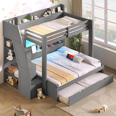 Twin Over Full Bunk Bed With Storage Staircase,  Trundle, Storage Shelves, Led And Usb