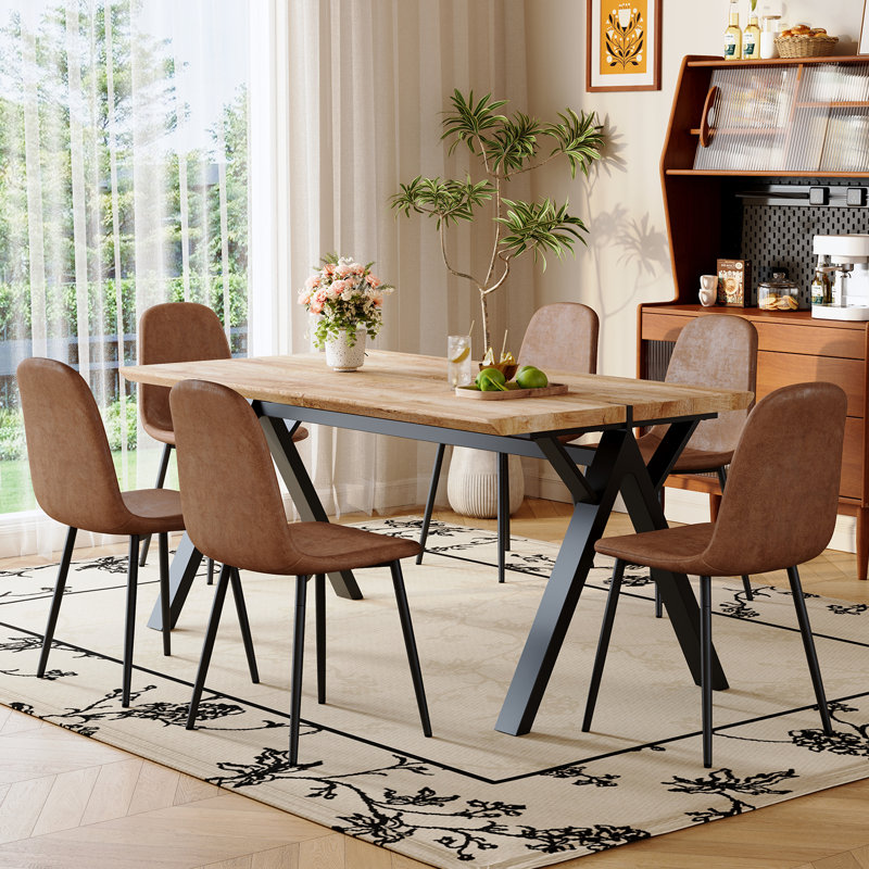 63" Wood Rectangle Dining Table Set, Farmhouse Kitchen Table Set For People, 7 Pieces: Table, 6 Chairs, Brown