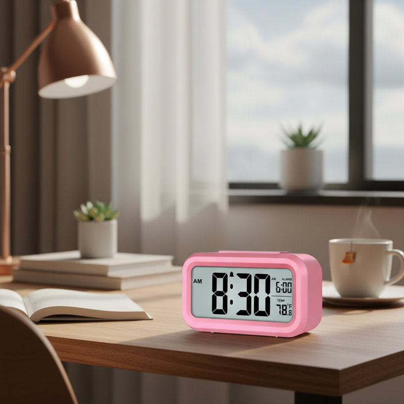 Children's Desk Night Light Alarm Clock, Pink Battery Operated, Digital Indoor Temperature Display, Pink