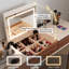 Coiffeuse moderne avec miroir lumineux et station de recharge, table de maquillage réversible en forme de L avec plateau rabattable, bureau 2 en 1 avec tiroirs et armoire de rangement, crème et noyer
