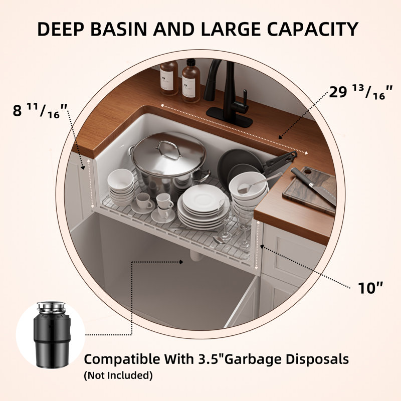 Los Flexi Apron Front Farmhouse Sink, Fireclay Sink for Kitchen, Strainer Included, 30'' L x 18'' W x 10'' H, Single Bowl