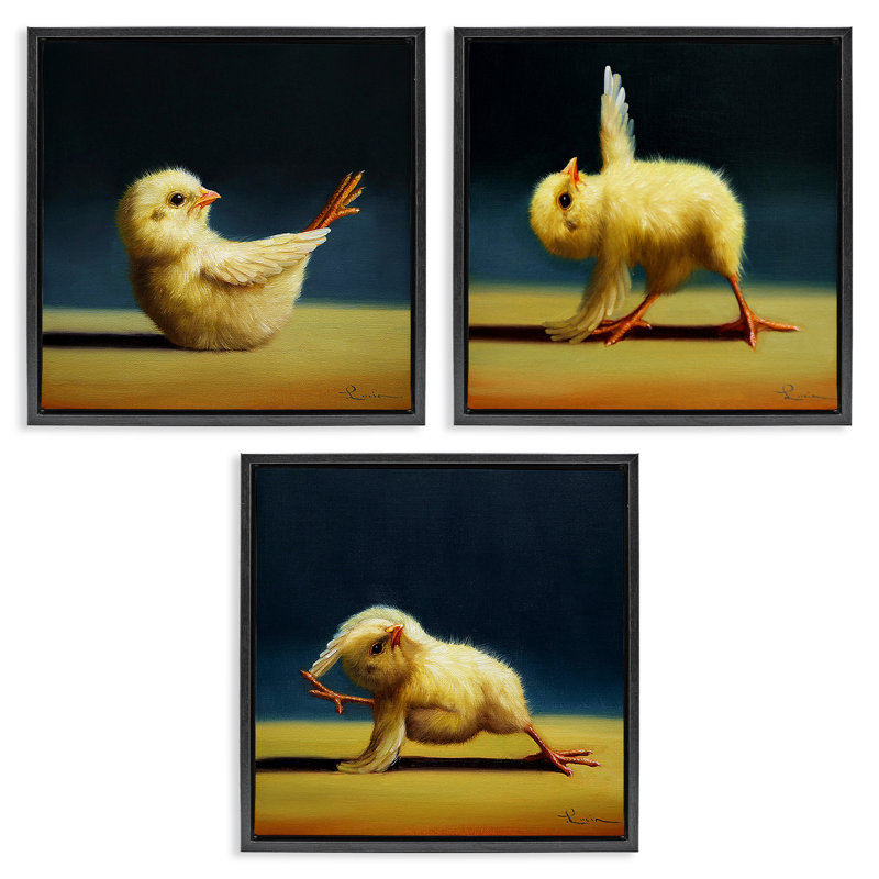 «Yoga Chick Trio», ensemble de 3 animaux flottants encadrés par Lucia Heffernan, Cadre flottant noir de jais