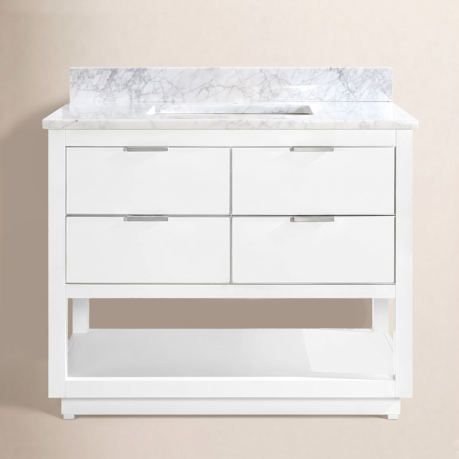 Allie Single Bathroom Vanity, White, 36"W, Carrara White Marble/Silver