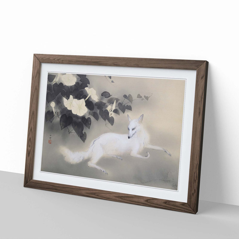 White Fox by Kansetsu Hashimoto - Picture Frame Painting Print, 36cm H x 48cm W x 2cm D, Walnut Framed