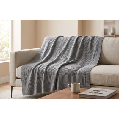 Grey Knit Jacquard Throw Blanket, 48 x 60 inches, Soft Cozy Textured Blanket for Couch, Sofa, Bed, Decorative Contemporary Throw